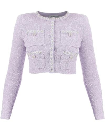 Self-Portrait Cropped Cardigan In Sequin Knit With Appliques - Purple