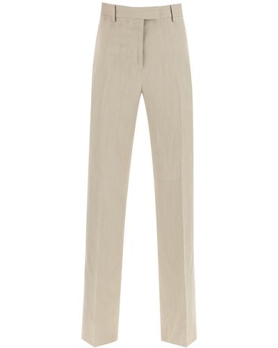 Ferragamo Tailored Straight Leg Linen Blend Pants - Natural