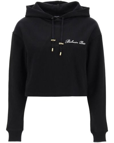 Balmain Cropped Hoodie With Logo Embroidery - Black