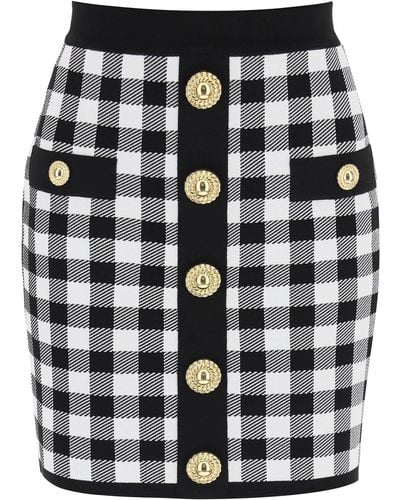 Balmain Gingham Knit Mini Skirt With Embossed Buttons - Black