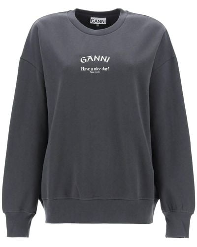 Ganni Oversized Sweatshirt With Logo Print - Grey