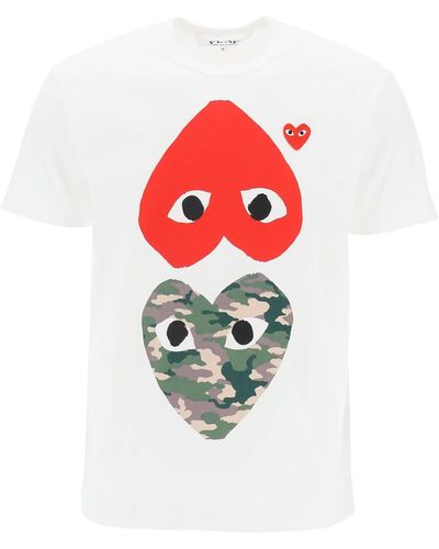 COMME DES GARÇONS PLAY T-Shirt Girocollo Con Doppia Stampa Heart - Rosso