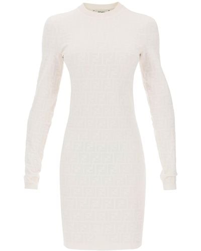 Fendi Mini Dress In Jacquard Knit With Ff Monogram - White