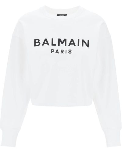 Balmain Felpa cropped con stampa logo - Bianco