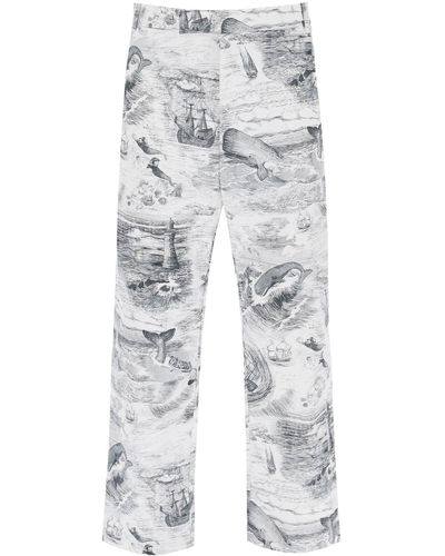 Thom Browne Cropped Pants With 'nautical Toile' Motif - Gray