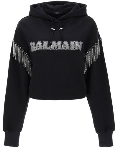 Balmain Cropped Hoodie With Rhinestone-studded Logo And Crystal Cupchains - Black
