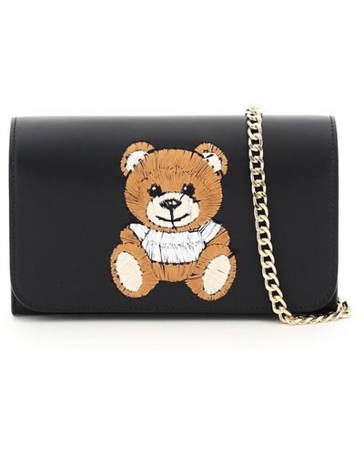 Moschino Mini Bag Chain Teddy Bear Embroidery Os Leather - Black