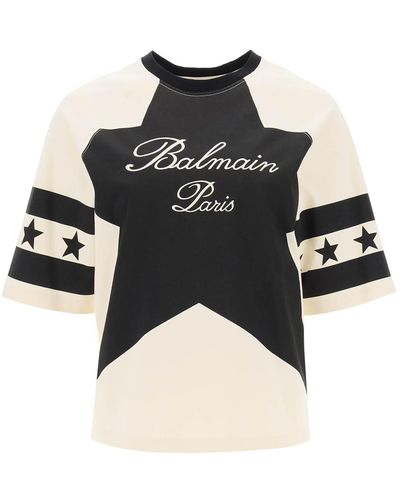 Balmain Cropped T-shirt With Star And Logo Prints - Black