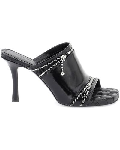 Burberry Glossy Leather Peep Mules - Black