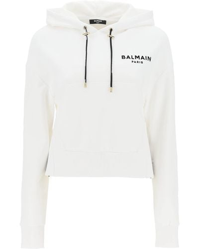 Balmain Cropped Sweatshirt mit flockigem Logo -Druck - Bianco