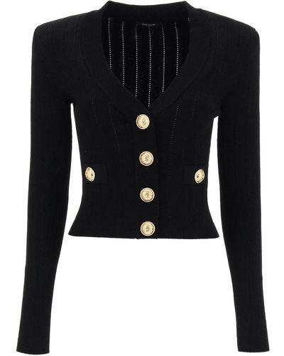 Balmain Cardigan With Padded Shoulders And Embossed Buttons - Black