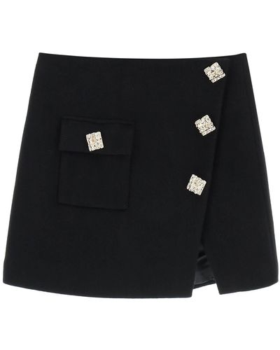 Self-Portrait Wool Mini Wrap Skirt With Embossed Buttons - Black