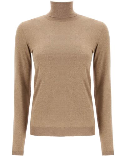 Brunello Cucinelli Turtleneck Sweater In Cashmere And Silk Lurex Knit - Brown
