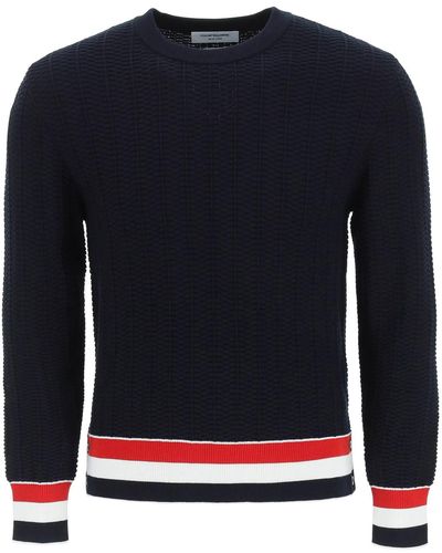 Thom Browne Cotton Sweater With Tricolor Stripes - Blue
