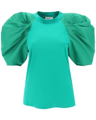 Alexander McQueen T-shirt With Ruched Balloon Sleeves In Poly Faille - Green