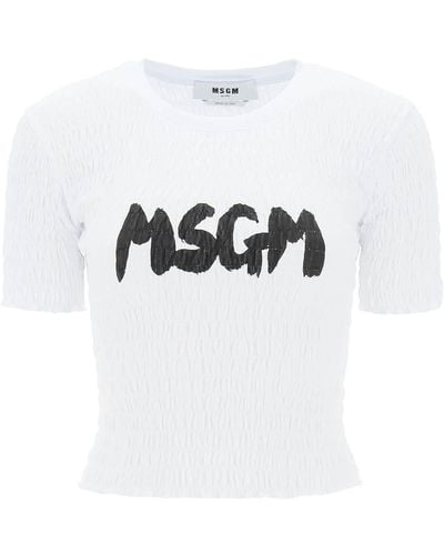 MSGM T Shirt In Punto Smock Con Stampa Logo - Bianco