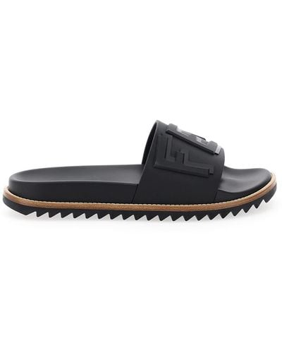 Fendi Logo Embossed Slide Sandals - Black