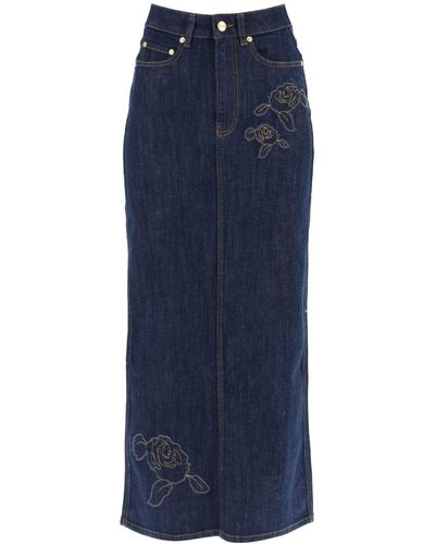 Ganni Maxi Denim Skirt With Embroidery - Blue
