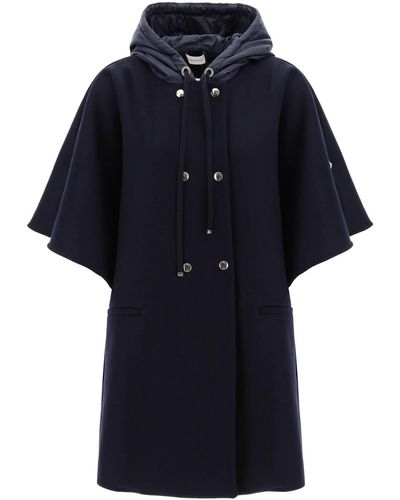 Moncler Virgin Wool Cloak With Hood - Blue