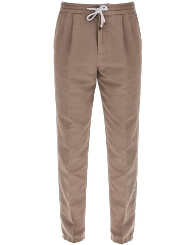 Brunello Cucinelli Linen And Cotton Trousers - Brown