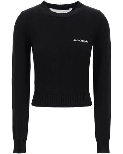 Palm Angels Cropped Pullover With Embroidered Logo - Black