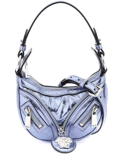 Versace Metallic Leather 'repeat' Mini Hobo Bag - Blue