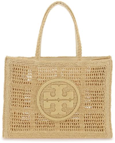 Tory Burch Ella Crochet Raffia Tote Bag In - Natural