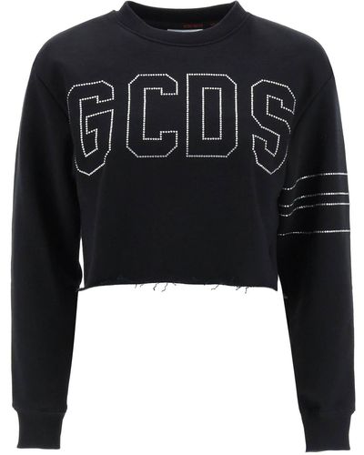 Gcds Cropped Sweatshirt With Rhinestone Logo - Black
