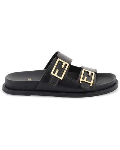 Fendi Leather Slides With A Luxurious - Black