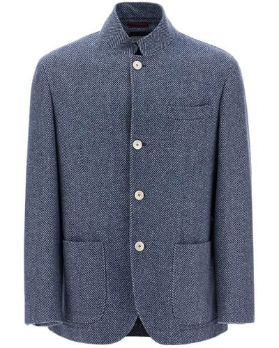 Brunello Cucinelli Wool, Silk And Cashmere Chevron Coat - Blue