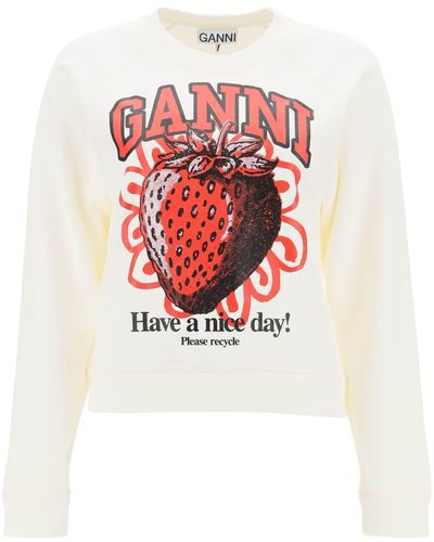 Ganni Crew Neck Sweatshirt With Graphic Print - White