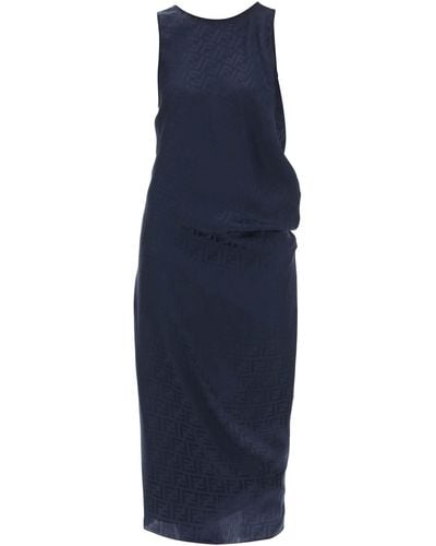 Fendi Draped Ff Silk Midi Dress - Blue