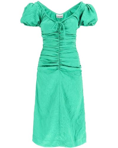 Ganni Crinkle Satin Midi Dress - Green