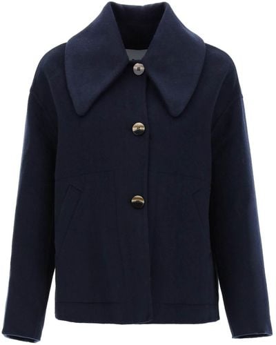 Ganni Wool-blend Wide-collar Coat - Blue