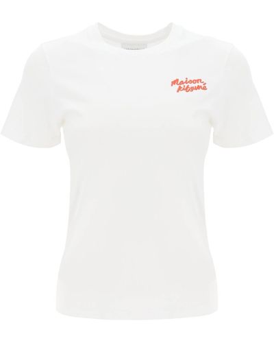 Maison Kitsuné T Shirt Con Logo Ricamato - Bianco