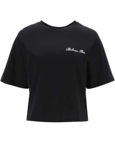 Balmain Cropped T-shirt With Logo Embroidery - Black