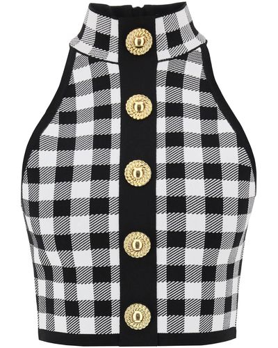 Balmain Gingham Knit Cropped Top With Embossed Buttons - Multicolour