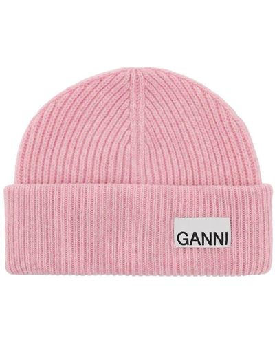Ganni Beanie Hat With Logo Label - Pink
