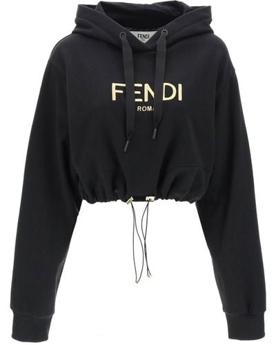 Fendi Cropped Hoodie With Logo Embroidery - Black