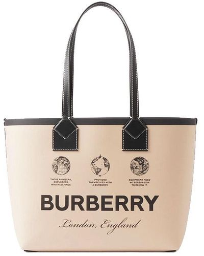 Burberry Label Print Cotton And Leather Small London Tote Bag - Natural