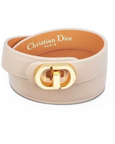 Dior 30 Montaigne Double Bracelet In Powder Beige Calfskin And Gold-finish Metal - White