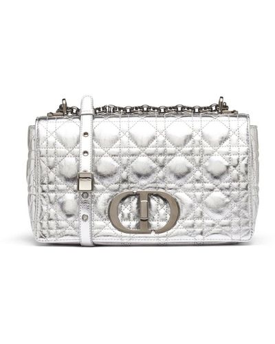 Dior Medium Caro Bag In Silver Supple Cannage Calfskin - Metallic