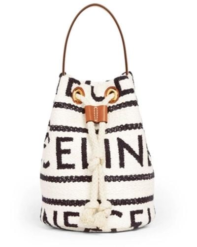 Celine Teen Drawstring In Textile With All-over And Calfskin - White