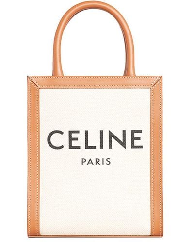 Celine Mini Vertical Cabas In Textile With Print And Calfskin In Tan - White