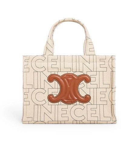 Celine Small Cabas Thais In Textile With All-over Print Natural/tan - White