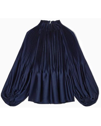 COS Plissierte Oversized-bluse Mit Hohem Kragen - Blau
