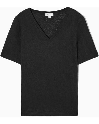 COS T-shirt Aus Leinen Mit V-ausschnitt - Schwarz