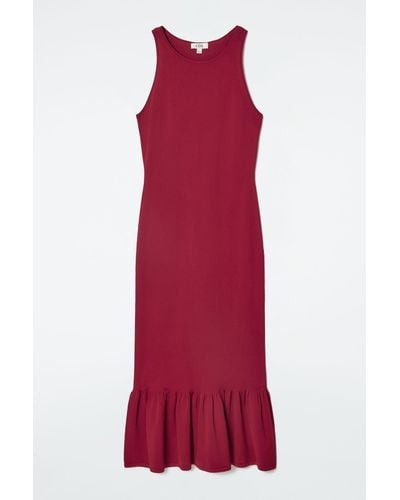 COS Knitted Ruffled-hem Midi Dress - Red