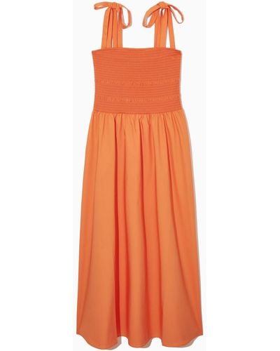 COS Tie-detail Smocked Midi Dress - Orange