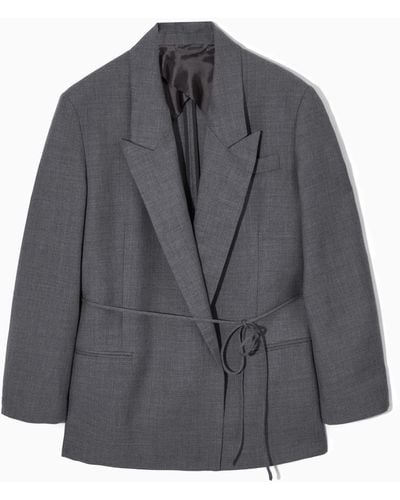 COS Belted Double-breasted Wool Blazer - Gray